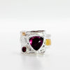 Boiler chip texture deckled crotch hugger ring with triangle rhodolite garnet & 4mm garnet