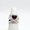 Boiler chip texture deckled crotch hugger ring with triangle rhodolite garnet & 4mm garnet