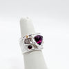 Boiler chip texture deckled crotch hugger ring with triangle rhodolite garnet & 4mm garnet