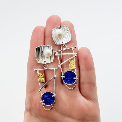 Natural Surface Lapis and White Button Pearl earrings