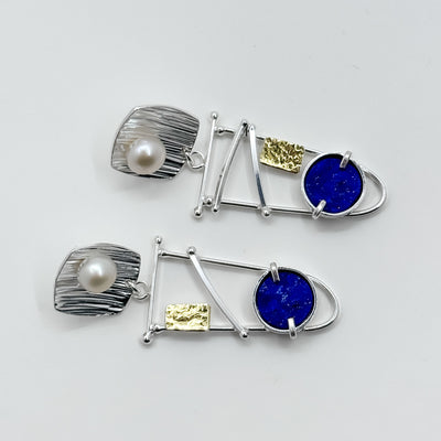 Natural Surface Lapis and White Button Pearl earrings