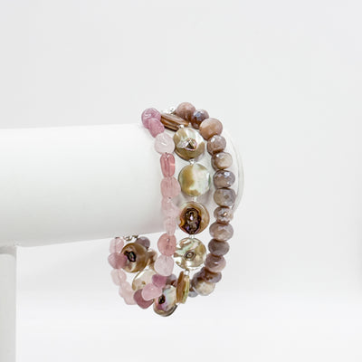 Sterling Heart Clasp Bracelet with Moonstone, Rose Quartz, and Abalone