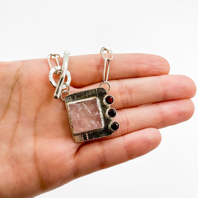 Side bar necklace with square natural surface rose quartz