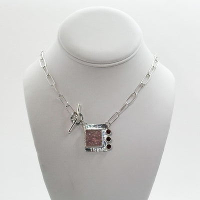 Side bar necklace with square natural surface rose quartz