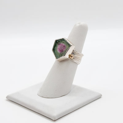 Watermelon Tourmaline ring on boiler chip band