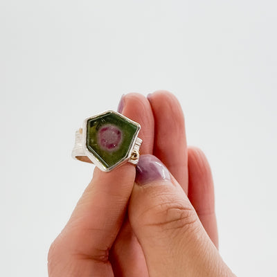 Watermelon Tourmaline ring on boiler chip band