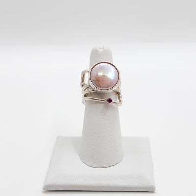 Wrap ring with white coin pearl & Ruby