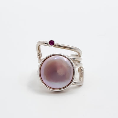 Wrap ring with white coin pearl & Ruby