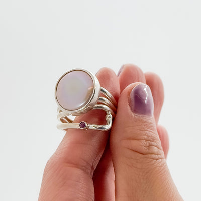 Wrap ring with white coin pearl & Ruby