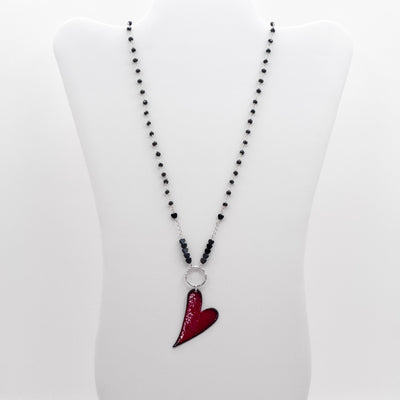 Enamel copper heart pendant on beaded onyx chain necklace