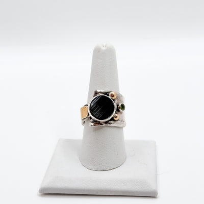 Deckle ring with natural surface green tourmaline and peridot