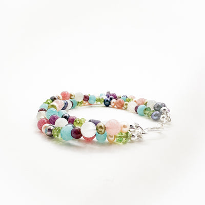 Sterling Triple Strand Multi Stone and Pearl Bracelet